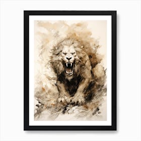 Lion Art Painting Japanese Ink Style 1 Art Print