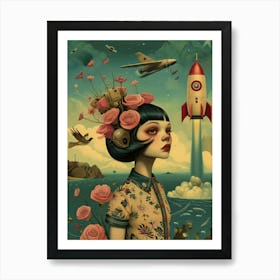 Girl with space rocket vintage illustration Art Print