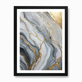 Abstract Marble Artwork Featuring Sinuous Gold And Silver Waves Flowing Amidst A Swirling Ocean Of V (3) Art Print