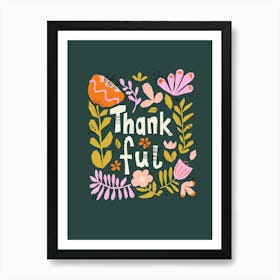 Thankful Abstract Florals Collage Thanksgiving Gratitude Illustration on Dark Green Art Print