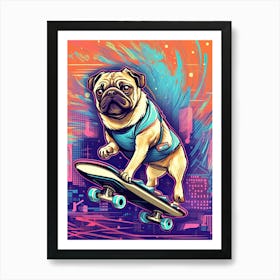 Pug Dog Skateboarding Illustration 1 Art Print