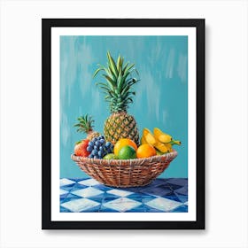 Tropical Fruit Basket Blue Checkerboard 1 Art Print