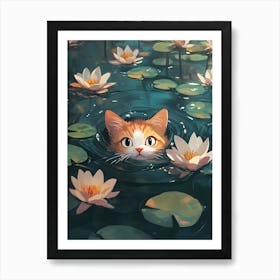 Cute Cat Swimming Among Water Lilies 2 Art Print