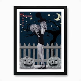 Pin Up Witch Is Posing With Pumpkin By The Fence Art Print