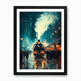 1930s Steam Train At Night In A Vintage Cityscape – Classic Railway Art Print Art Print