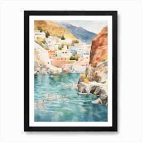 Swimming In Santorini Greece Watercolour Art Print