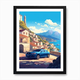 A Subaru Impreza In Amalfi Coast, Italy, Car Illustration 1 Art Print