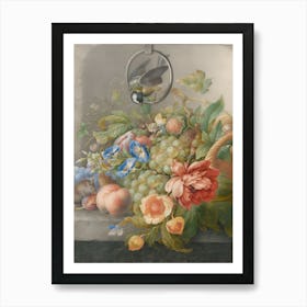 Still Life with Flowers, Fruit, a Great Tit and a Mouse Art Print