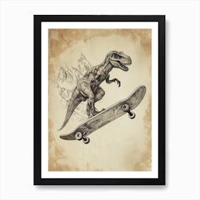 Vintage Oviraptor Dinosaur On A Skateboard 1 Art Print