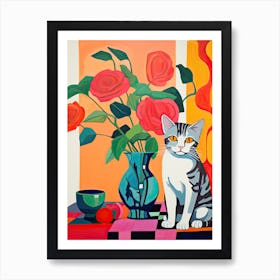 Rose Flower Vase And A Cat, A Painting In The Style Of Matisse 3 Art Print