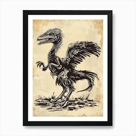 Microraptor Dinosaur Black Ink Illustration 1 Art Print