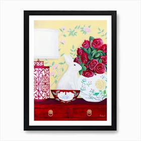 Rabbit And Roses In Chinoiserie Style Art Print