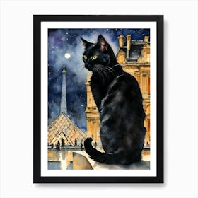 Black Cat at The Louvre Paris Iconic France Cityscape on a Full Moon Da Vinci Code Inspired Obelisk Nighttime Traditional Watercolor Art Print Kitty Travels Home and Room Wall Art Cool Decor Klimt and Matisse Inspired Modern Awesome Cool Unique Pagan Witchy Witches Familiar Gift For Cat Lady Animal Lovers World Travelling Genuine Works by British Watercolour Artist Lyra O'Brien  Art Print