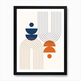 Modern Mid Century Sun, Moon Phases and Rainbow Abstract 25 in Navy Blue and Burnt Orange Art Print