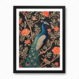 Black & Red Floral Peacock Art Print