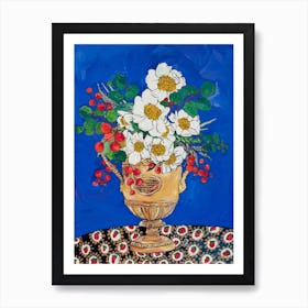 Wimbledon Trophy Painting With Yellow And White Poppy Flower And Berry Bouquet Art Print