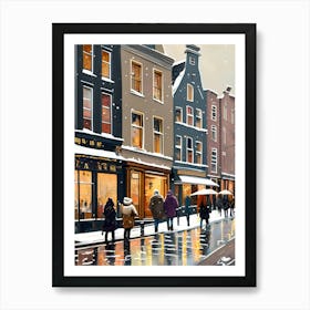 Amsterdam cafes, winter season, Christmas, autumn oil colors, pale colors, pedestrians in the street, winter clothes, falling snow.12 Art Print