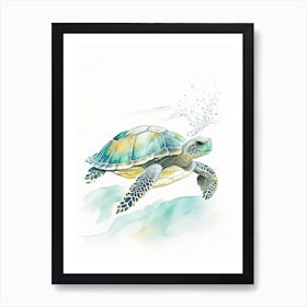 Sea Turtle In Deep Ocean, Sea Turtle Pencil Illustration 2 Art Print