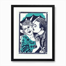 Courting Couple Turquoise Art Print