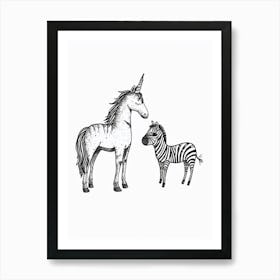 A Unicorn & Zebra Black And White 3 Art Print