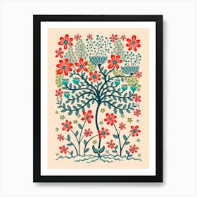 FLOWER BURST Vintage Cottage Floral Botanical in Teal Turquoise Coral on Blush Orange 1 Art Print