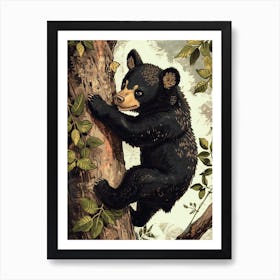 American Black Bear Cub Climbing A Tree Storybook Illustration 4 Art Print
