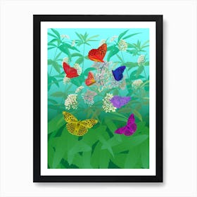 Multi-Colored Butterflies On Flowers And Leaves Poster