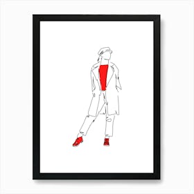 Minimalist Line Art Woman In A Red Coat Art Print