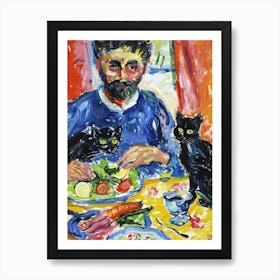 Portrait Of A Man With Cats Eating A Salad  3 Art Print