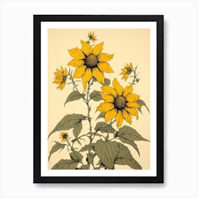 Himawari Sunflower Vintage Japanese Botanical Art Print