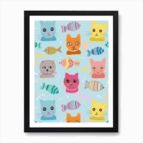 Cute Cat Faces Pattern Blue Background Art Print