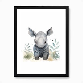 Watercolour Jungle Animal Indian Rhinoceros 4 Art Print