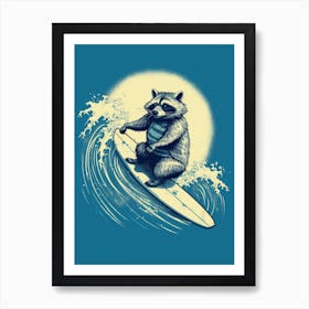 Raccoon Surfing Illustration Blue 1 Art Print