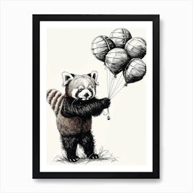 Red Panda Holding Balloons Ink Illustration 2 Art Print
