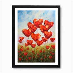 Valentine Red Heart Balloon Flowers Oil Painting Art Print