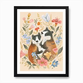 Folksy Floral Animal Drawing Badger 2 Art Print