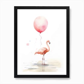 Baby Flamingo Flying With Ballons, Watercolour Nursery Art 2 Art Print