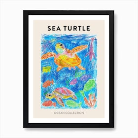 Pencil Scribble Sea Turtle In The Ocean Poster 2 Art Print