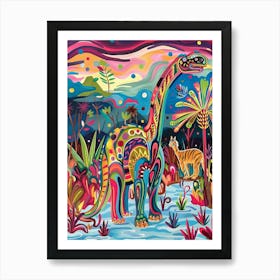 Colourful Abstract Wavy Dinosaur In The Wild Art Print