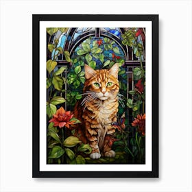 Mosaic Of A Cat In A Botonaical Garden Red Flowers Art Print