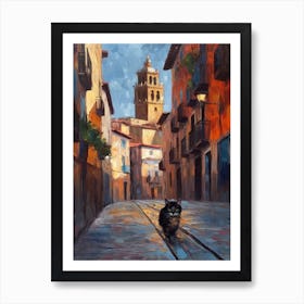 Painting Of A Street In Barcelona With A Cat 1 Impressionism Art Print