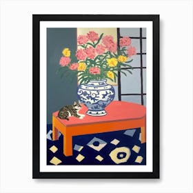 A Painting Of A Still Life Of A Chrysanthemums With A Cat In The Style Of Matisse 3 Art Print