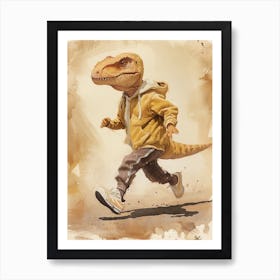 Dinosaur Running In A Hoodie Beige Art Print