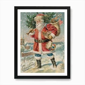 Santa Claus Carrying Christmas Tree Vintage Art Art Print