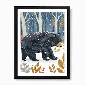American Black Bear Walking Through Snow Storybook Illustration 2 Art Print