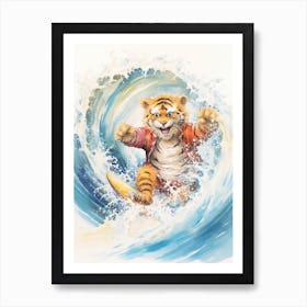 Tiger Illustration Surfing Watercolour 4 Art Print