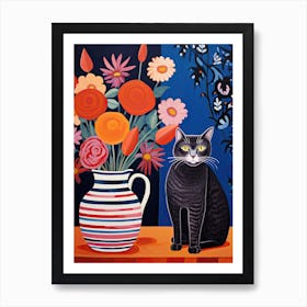 Anemone Flower Vase And A Cat, A Painting In The Style Of Matisse 2 Art Print