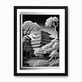 Osaka Castle Park, 1, Japan Linocut Black And White Vintage Art Print