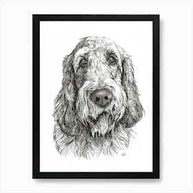 Long Haired Dog Black & White Line Sketch Art Print