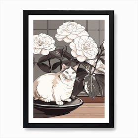 Drawing Of A Still Life Of Camelia With A Cat 3 Art Print